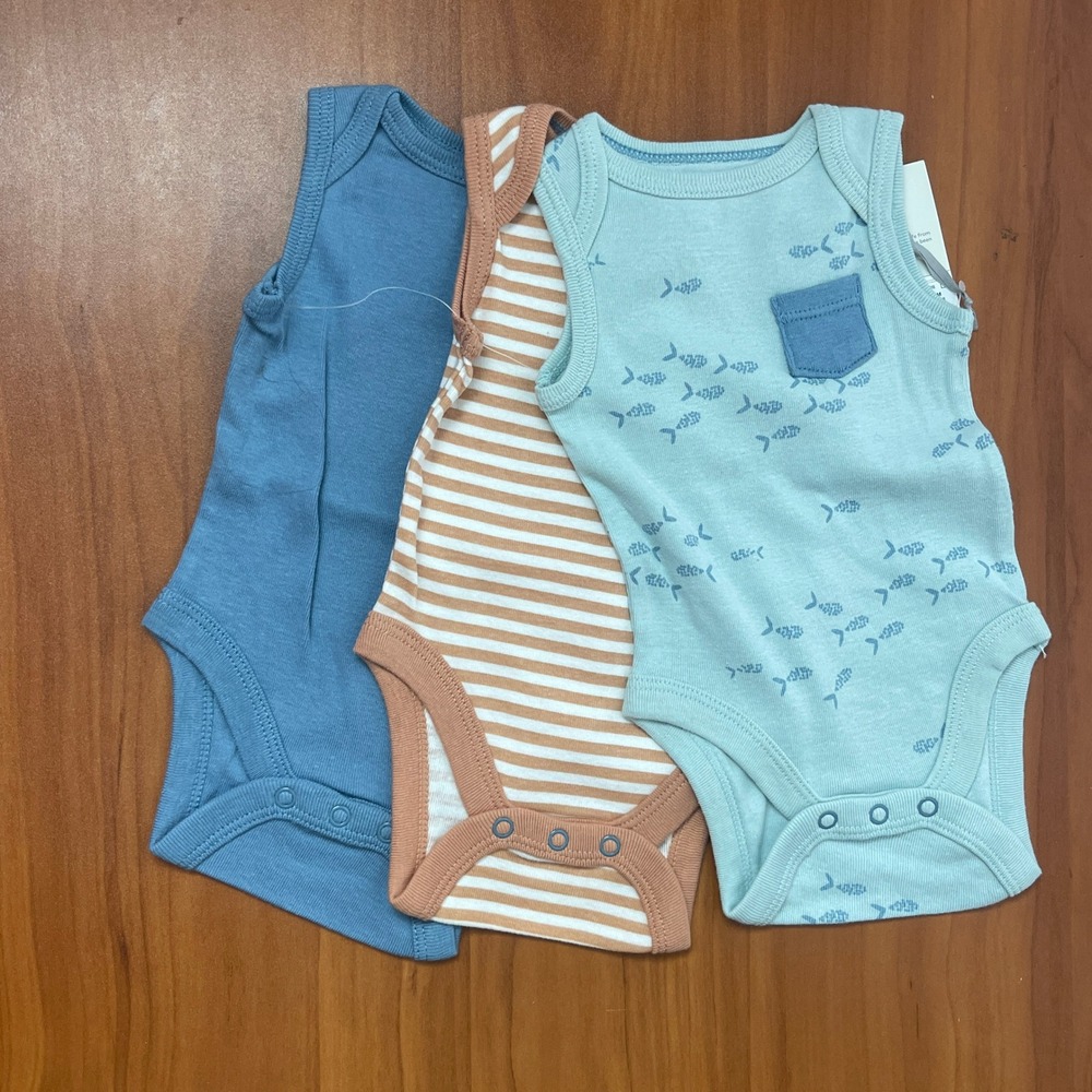 Cloud Island Baby Boy Newborn Sleeveless Bodysuits 3 Pack Blue Stripe Fish